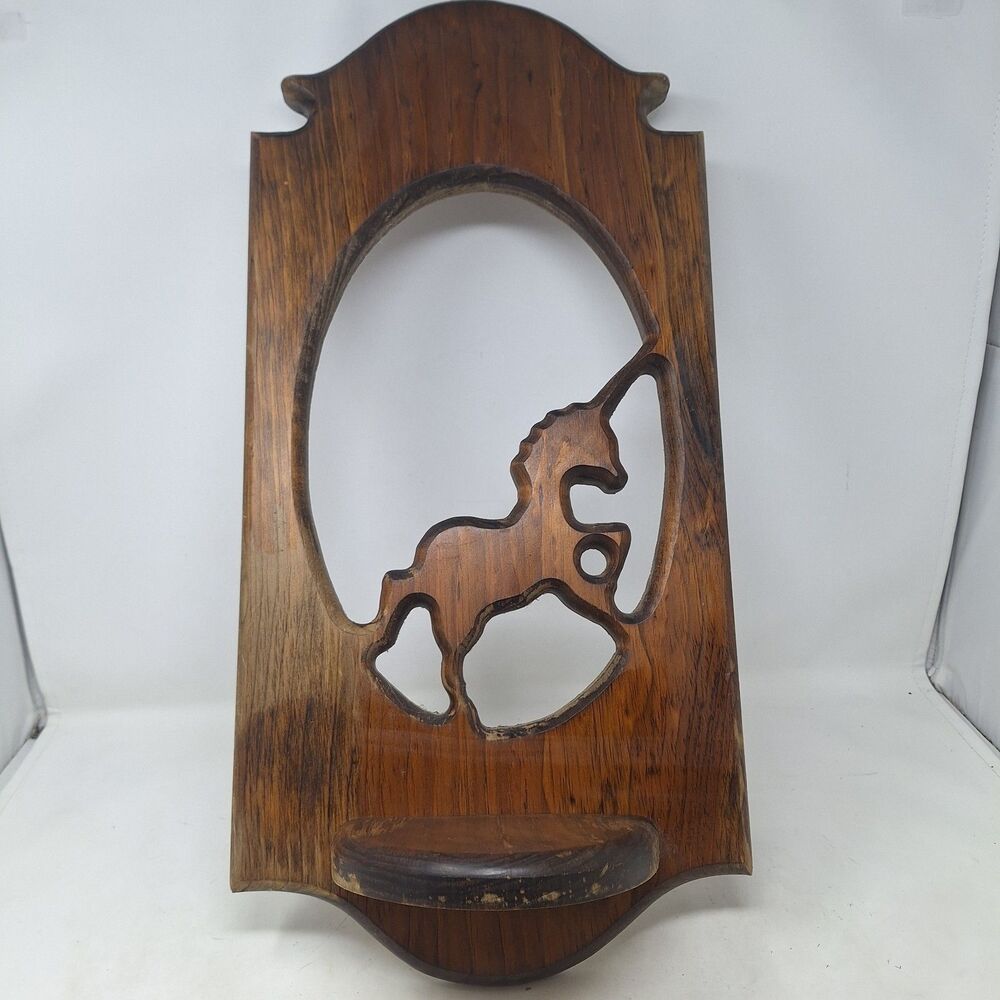 Vintage Unicorn Shelf Dark Mahogany Wood 70s Carved Cutout Hanging Wall Decor